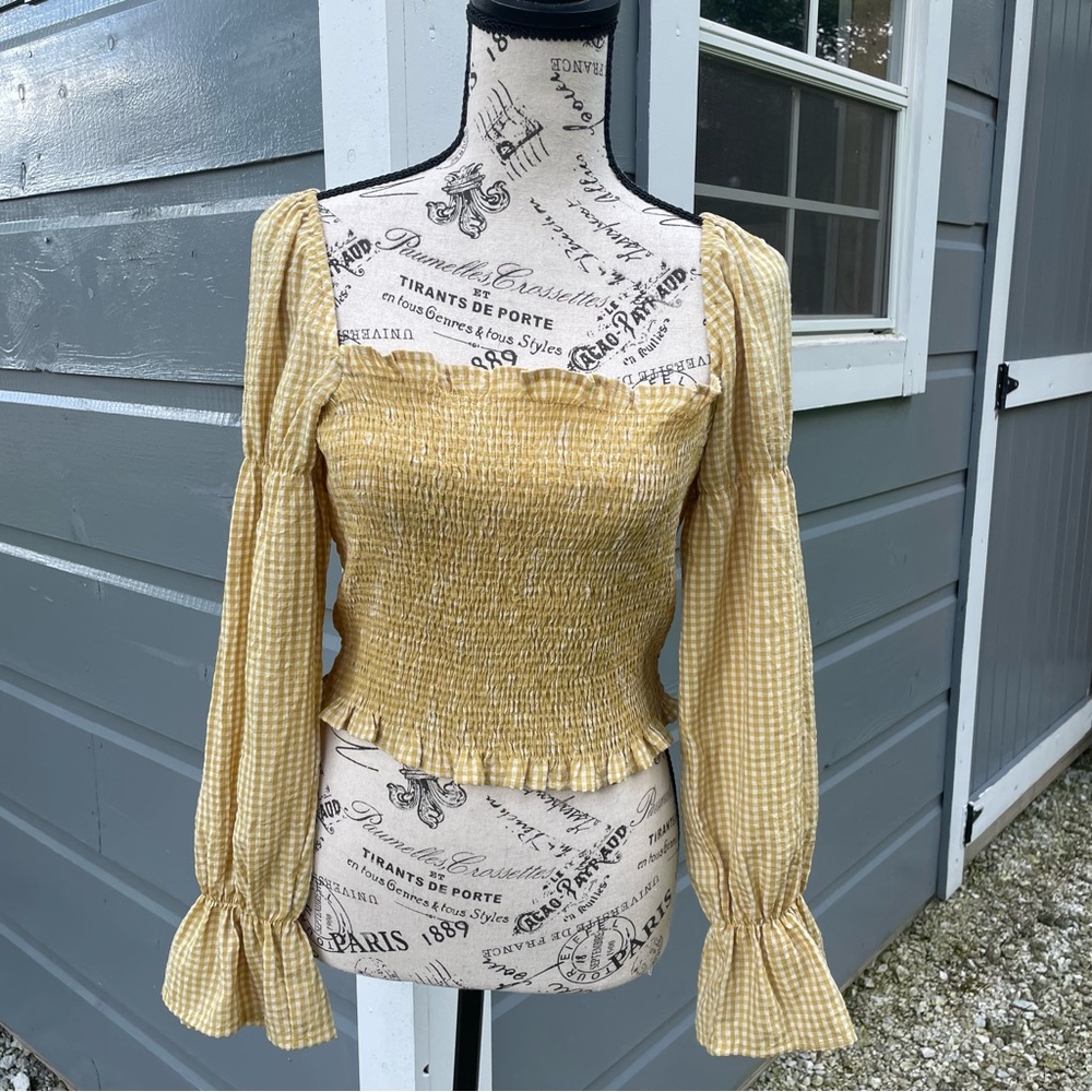 Urban Outfitters Yellow Gingham Smocked Blouse‎
